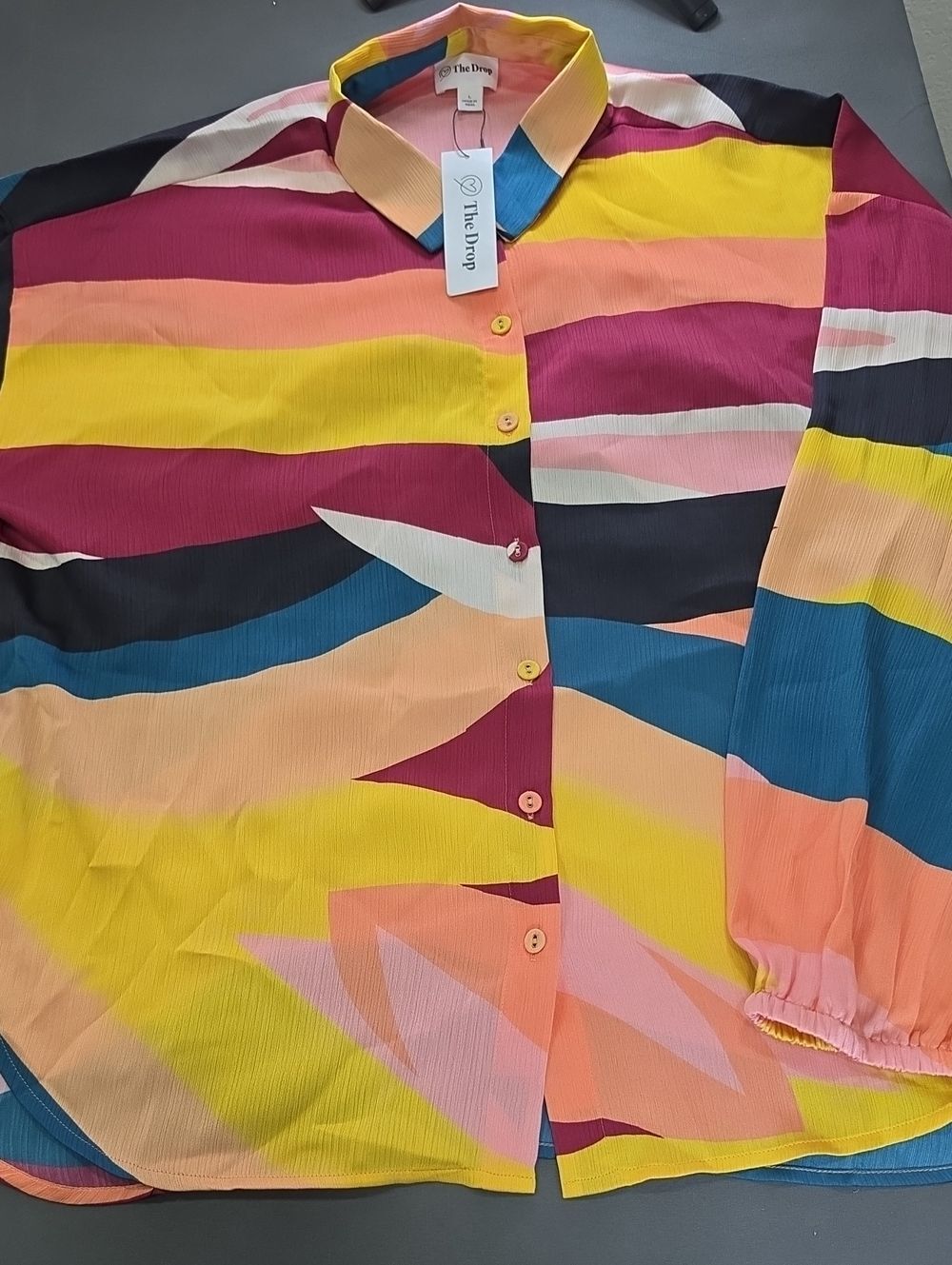 The Drop Women's Multicolor Abstract Stripe Button-Down Shirt - Yellow/Pink/Blue